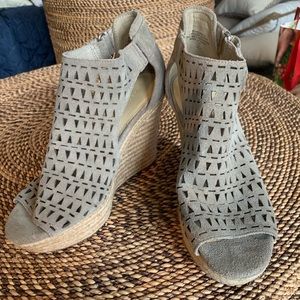Marc Fisher Helina Taupe suede laser cut wedges